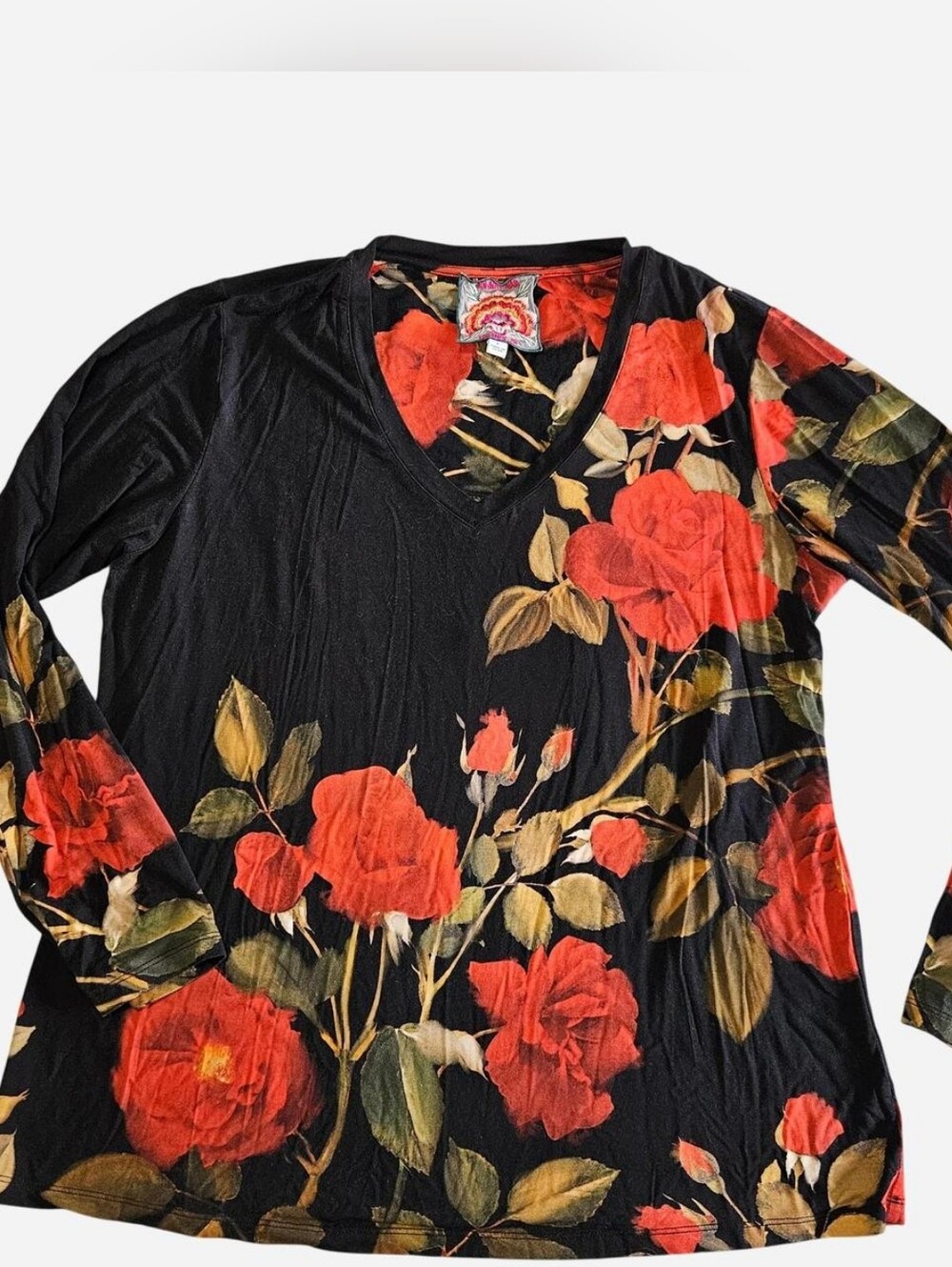 Johnny Was Black Long Sleeve V-Neck Top with Red Rose Print
